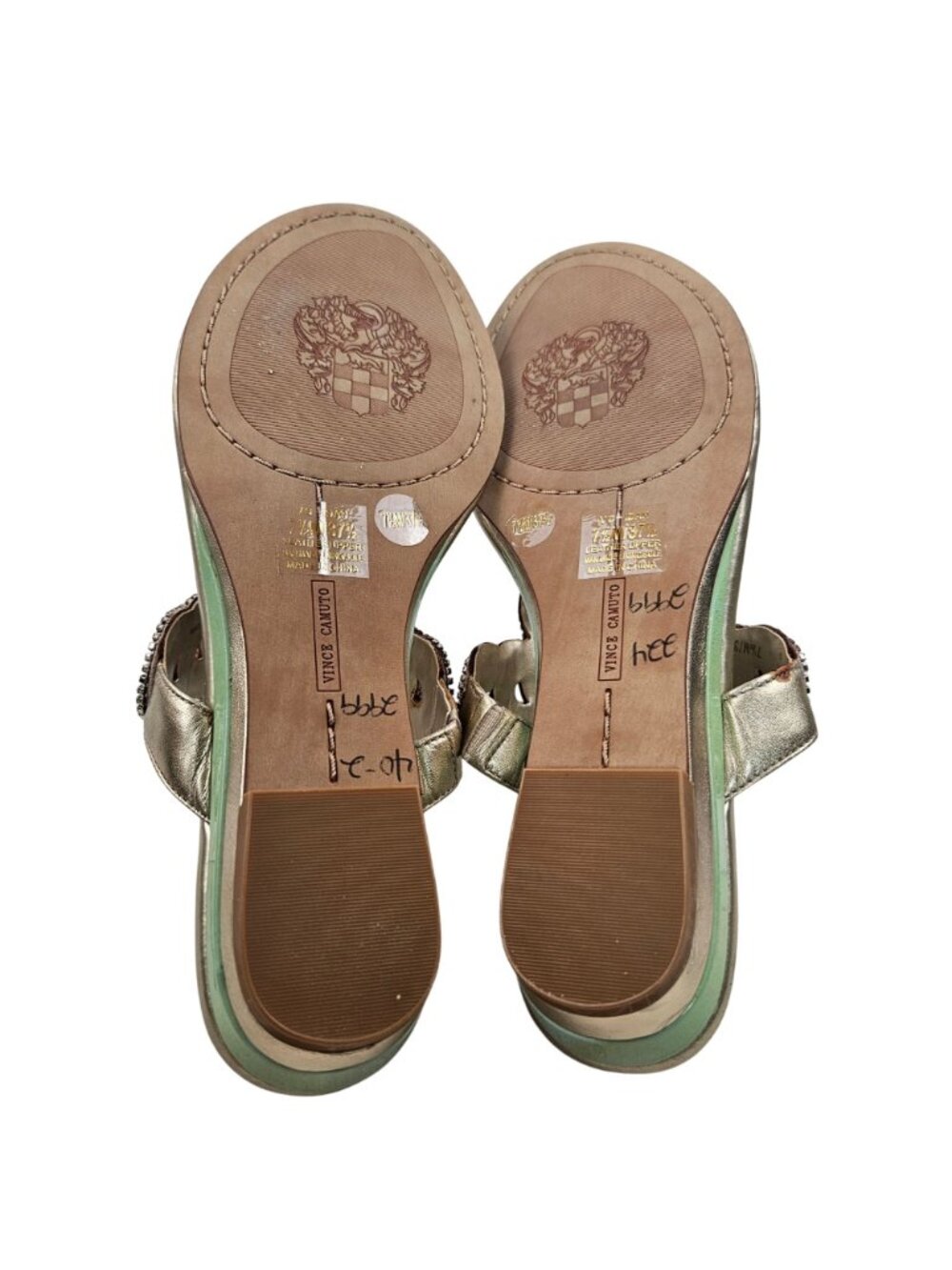 Vince Camuto Sandals Womens Size 7.5 Gold Leather Embellished Slip On Shoes - Picture 12 of 12